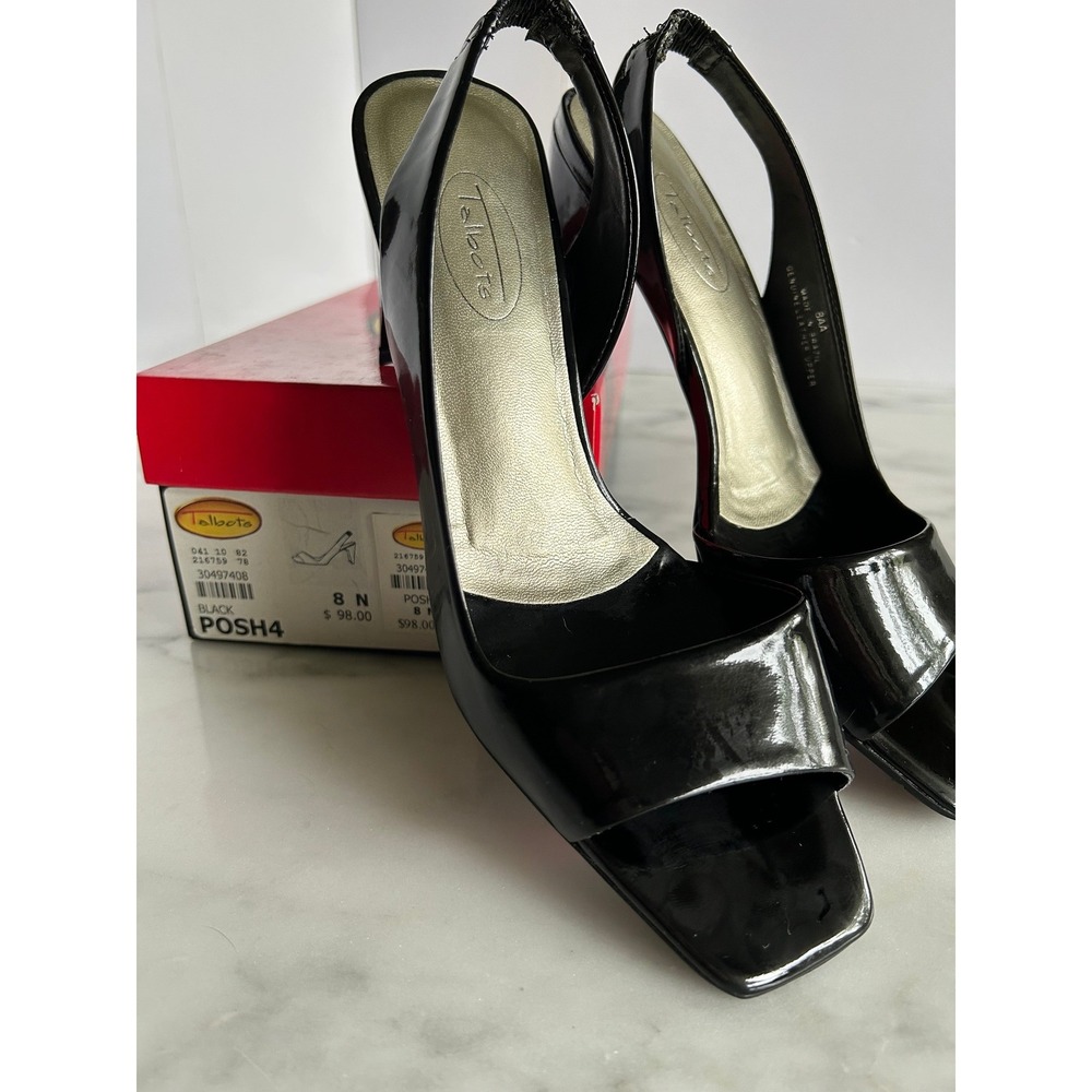 Talbots Women's Black Patent Leather Heels Square Open Toe Slingback 8 Narrow - Picture 9 of 16